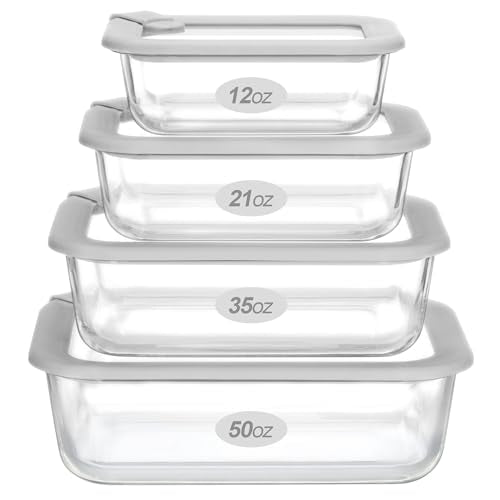 Glass Food Containers with Glass Lid, Microwave Safe Food Storage Container Set, 4 Pack, Airtight Storage Set with Leak Proof Lids, Meal Prep Containers - color: Grey-J4R