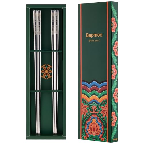 Korean Glossy Silver Metal Chopsticks, 2 Pairs, Dancheong Engraved - color: Glossy Silver