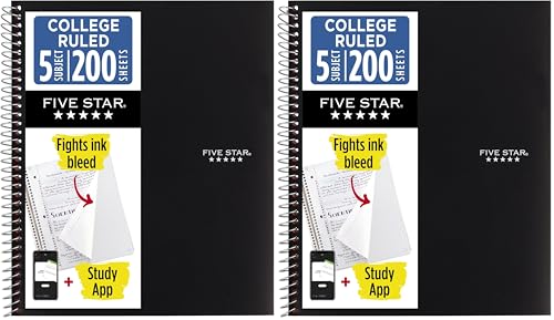 Five Star Spiral Notebook + Study App, 5 Subject, College Ruled Paper, Fights Ink Bleed, Water Resistant Cover, 8-1/2" x 11", 200 Sheets, Black (72081) (Pack of 2) - color: Black, size: 1 Count (Pack of 2)