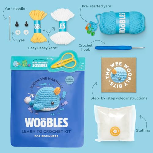 The Woobles Beginner Crochet Kit with Scissor - Bjørn the Narwhal - color: Blue, size: With Scissor Kit