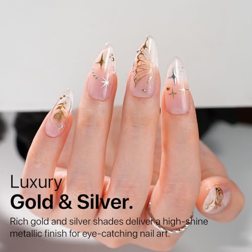 SXC Cosmetics Gel Liner Nail Art Set – Gold & Silver 2pcs Gel Liner Nail Art Chrome 3D High-Gloss Effect for Nail Paint Design with Thin Brush DIY French Manicure Curing Requires - color: Gold & Silver