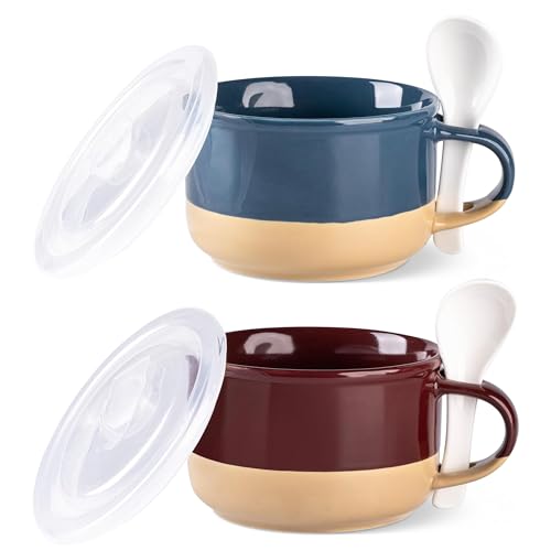GBhome Ceramic Soup Mugs with Handles and Lids,24 OZ Soup Cups Set of 2 - color: Blue&Red
