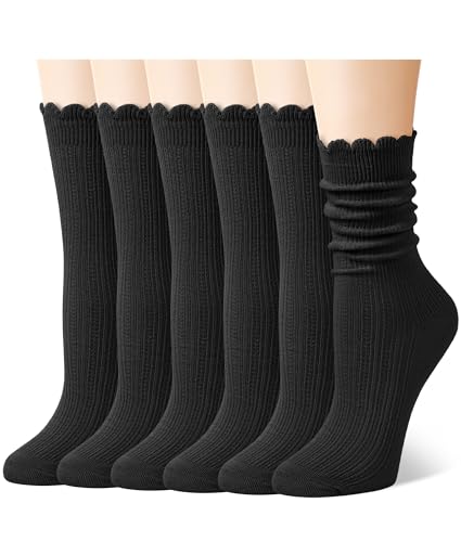 Justay 6 Pairs Ruffle Socks Women, Crew Cotton Frilly Boot Socks - color: Pure Black