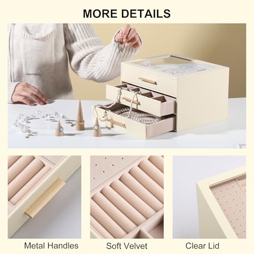 Frebeauty Jewelry Box for Women,Clear Lid Jewelry Organizer with 3 Drawers - color: Beige, size: 3 Drawer
