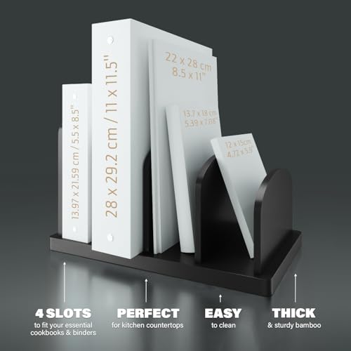 Cook Book Organizer, 4 Sections, Recipe Book Holder Rack, Tabletop Stand for Convenient Cookbook Storage, Vertical Cook Book Stand Kitchen, Binder Holder for Desk & Countertop (Black) - color: Black, size: 4 Sections