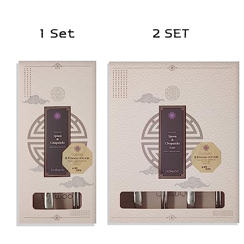 [VACUUM][2 Sets][Made in Korea] Flying Crane Design Spoon and Chopsticks Set, Vacuum Light Weight Cutlery, 304 Stainless Steel Flat Chopsticks Matt Surface Flatware (White 2 Sets)