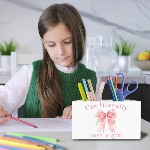 Pink Rose Coquette Bow Pen Holder for Desk, Preppy Girly Bow Pencil Organizer, I'm Literally Just a Girl Wooden Box Sign Desk Decor for Girls Bedroom Dorm Home Office Decoration - color: ROSE BOW