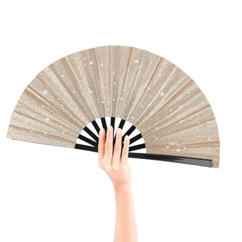2 Pack Glitter Large Folding Hand Fans for Line Dancing, Popping Fan Large Rave Hand Fan for Boots On The Ground Dance, Concert, Party, Festival, Home Decorations(Champagne Gold) - color: Champagne Gold