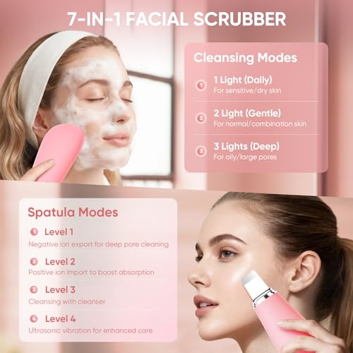 Silicone Face Scrubber Blackhead Scraper Rechargeable 2-in-1 Facial Cleansing Brush & Skin Spatula Duo, IPX7 Waterproof Exfoliating Massager Deep Cleansing for Women and Men(Peachy Pink) - color: Peachy Pink