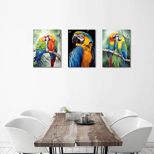 GLOKAKA Set of 3 Parrot Wall Art Colorful Parrot on Branch with Tropical Leaves Painting Pictures Wall Decor Colorful Birds Artwork for Living Room Bedroom Bathroom Decor - color: Parrot Artwork-01, size: 16"L x 12"W