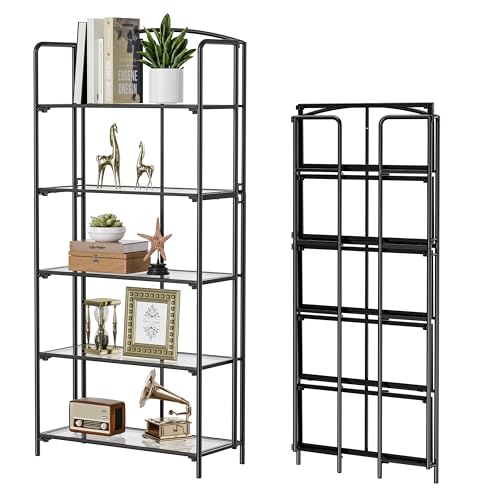 Crofy 5-Tier Wider Foldable Bookshelf, Black Frame & Transparent Shelves - color: Black Frame & Transparent Shelf, size: 5 Tier Wider