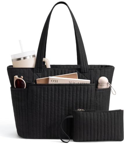 Bagstellar Quilted Tote Bag for Women Teacher Nurse Cotton Laptop Work Tote - color: Black