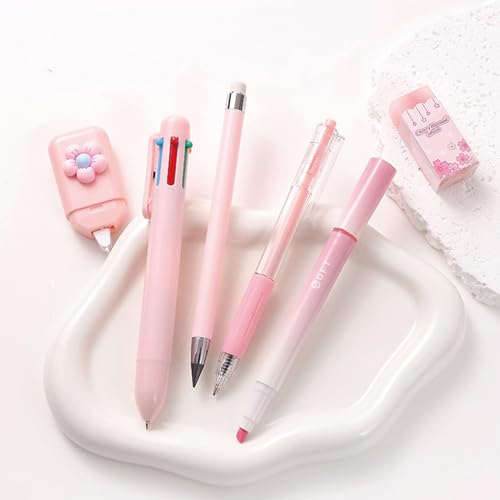MOZXIRZ 6 Pcs Cute Pink Stationery Set for Women Back to School Supplies Office Supplies Including Gel Ink Pens 6-in-1 Ballpoint Pens Pencil Eraser (Pink) - color: Pink