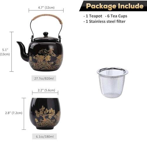 Gift Set Japanese Tea Set, Asian Black Glazed Ceramic Tea Set - Contains 1 Teapot, 1 Tea Strainer and 6 Teacups. Ideal for Home, Outdoor, Office (Black2) - color: Black2
