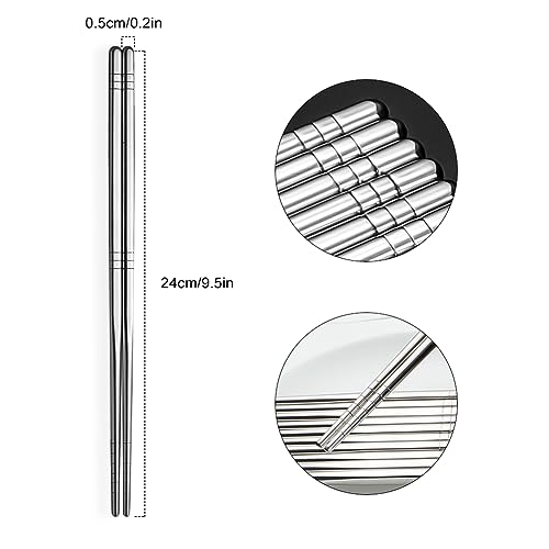 Premium Reusable Stainless Steel Chopsticks - 5 Pairs, 9.5 Inch, Square, Non-Slip, Dishwasher Safe, Use for Home, Kitchen, Hotel, Restaurant - color: 5 Pairs Metal Chopsticks