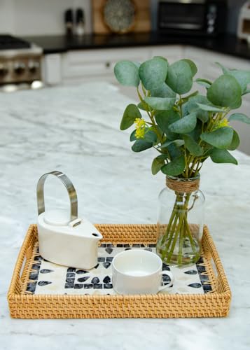 Magenta & Teal Decorative Rectangle Rattan Serving Tray 13x9 inch Mother of Pearl Inlay, Wicker Coffee Table Decor, Farmhouse (Blue Tan Star) - color: Blue Tan Star