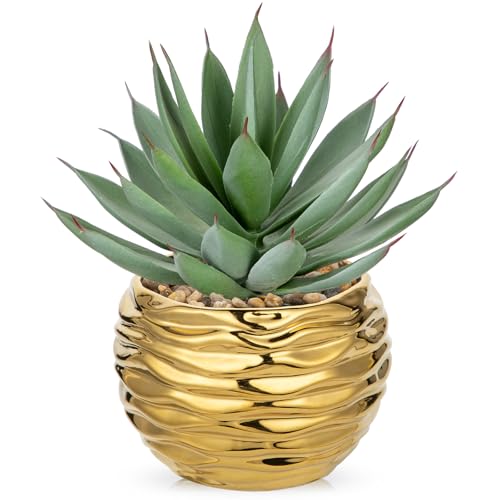 Briful Artificial Succulent Plant in Gold Pot, 8.3” Tall Faux Agave Plants, Realistic Aloe Fake Plant Indoor for Home Office, Farmhouse Shelf, Desk, Living Room, Bathroom - color: Aloe-gold Ceramic Pot