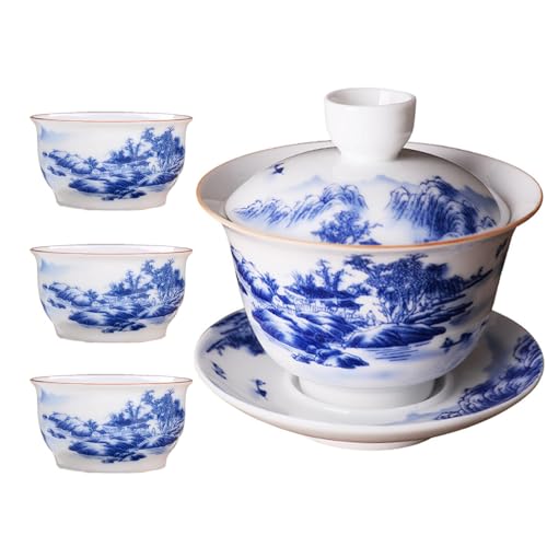 Jingdezhen Chinese Tea Set Porcelain Service Gaiwan Tea Cups Mug of Tea Ceremony Teapot,One Teapot and Three Cups Bone Kung Fu Tea Ceremony Party Home Office Décor（Landscapes）