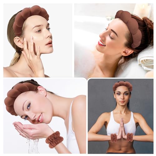 Zkptops Spa Headband for Washing Face Wristband Set Sponge Makeup Skincare Terry Cloth Bubble Soft Get Ready Hairband for Women Girl Puffy Padded Headwear Non Slip Thick Hair Accessory(Dark Brown) - color: YR Dark Brown