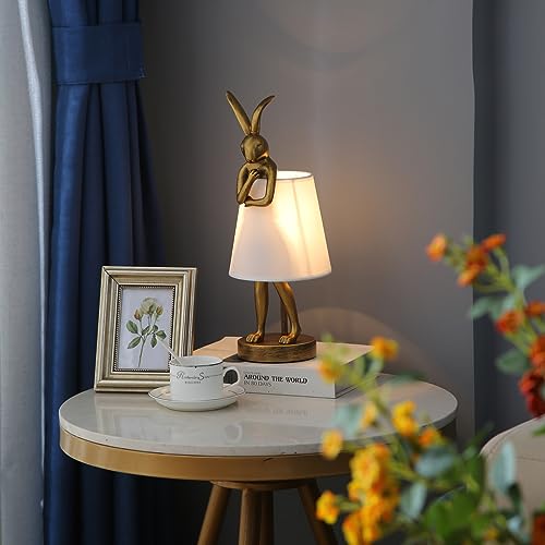 NorDiem LED Bunny Table Lamp, Resin Animal Rabbit Desk Light with Linen Shade, 15.7 Inch Decorative Lamp for Bedroom, Office & Kids Room (15.7" White Shade) - color: 15.7" White Shade