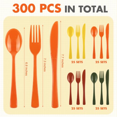 Kochorie 300 Pieces Fall Plastic Silverware, Disposable Plastic Utensils, Heavy Duty Cutlery Set Heavyweight Flatware Includes Spoons Forks Knives for Birthday Thanksgiving Harvest Party Supplies - color: Fall