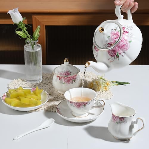 Sweejar Porcelain Tea Set Vintage Floral, British Relief Gold Rim Teapot Cup and Saucer Sets, 22-Piece Tea Sets for Adults, with Teapot, Sugar Bowl, Milk Jug, Spoons, Cup and Saucer (Flower) - color: Flower