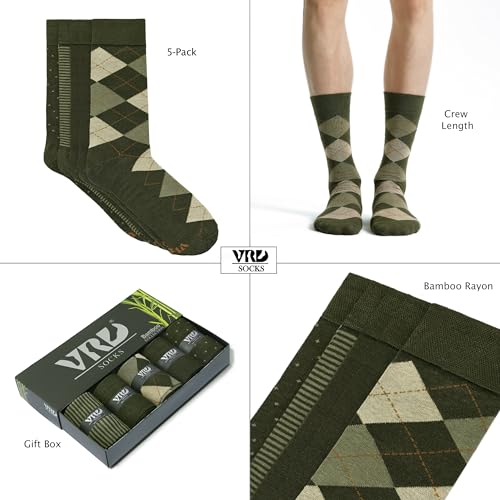 VRD Men's Dress Socks Bamboo Rayon, 5-Pack Crew Socks, Multiple Colors and Designs, Shoe Size 8-13, Gift Box - color: 08: Green, 5-pack Mix (2 Solid, 1 Striped, 1 Dotted, 1 Argyle)