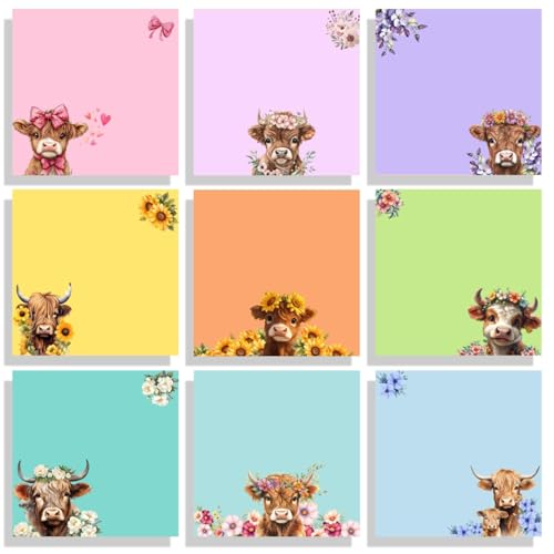 9 Pads Highland Cow Sticky Notes Set, Cute Self-Stick Notepads, Super Adhesive Memo Pads Note Card, Funny Office Decor Gifts, Desk Accessories for Students, Teacher and School Supplies, 3x3in - color: Highland Cow
