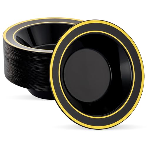 realluck 50 Pack Black Disposable Soup Bowls with Gold Rim - color: Black, size: 50Pack