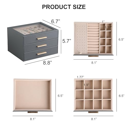 Frebeauty Jewelry Box for Women,Clear Lid Jewelry Organizer with 3 Drawers - color: Grey, size: 3 Drawer