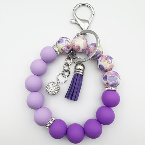 Unpafcxddyig Silicone Bead Keychain Bracelet Wristlet Key Ring - color: Rainbow Purple