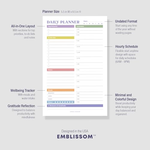 Daily Planner Notepad, 5.5 x 8.5" Tear-Off Pad – 70 Undated Sheets Focus-Enhancing Desktop Organizer with Hourly Schedule, To-Do List for Work, School (White, Colorful, 1 Pack) - size: Colorful, 1 Pack