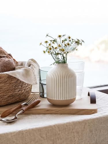 Boho Farmhouse Small Ceramic Vase for Pampas Grass & Flowers - 5.3 Inch Rustic White Vase, Centerpiece for Eucalyptus, Tiny Stems & Bouquets with Embossed Lines - color: Line