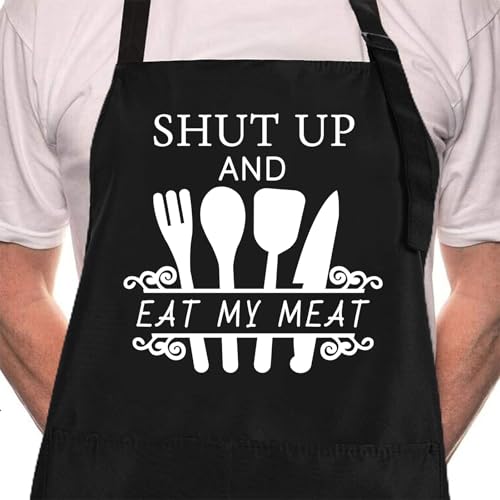 Rosoz Funny BBQ Black Chef Aprons for Men Adjustable Kitchen Cooking Aprons - color: Eat My Meat