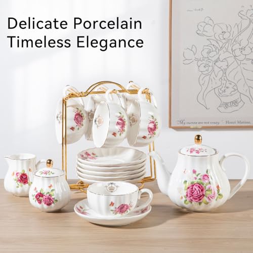 Porcelain Tea Sets British Royal Series, 8 OZ Cups & Saucer Service for 6, with Teapot Sugar Bowl Cream Pitcher Teaspoons and Tea Strainer, Suitable for High Tea, Wedding, Party (Midsummer Rose) - color: Midsummer Rose