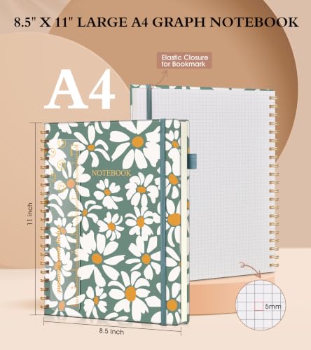 Graph Paper Notebook, Spiral Notebook Journal 8.5” x 11”, A4 Large Grid Notebooks for Women Men, 100 GSM Graph Paper, Hardcover Spiral Graphing Journals for Work School Engineering, Field of Daisies - color: Field of Daisies, size: Graph