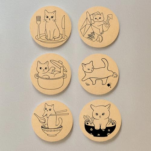 Coasters for Drinks with Holder Set of 6, Cat Cork Coaster Absorbent for Office Desk Cup Table Coasters Kitchen Decor House Warming Gifts for New Home, Round 4" - color: Cat004