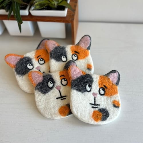 Humble Hilo Handmade Animal Felt Coaster Set of 4, Absorbent Coaster for Animal Lover (Calico Cat) - color: Calico Cat