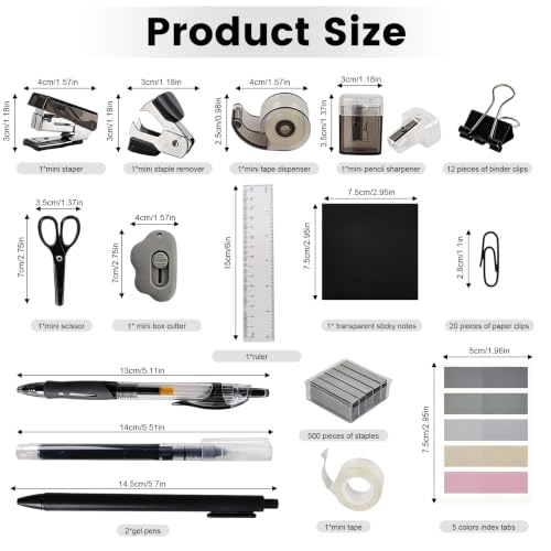 Mini Office Supply Kit, Mini Stapler with Staples and Tape Dispenser Set, Mini School Supplies Kit Includes Sticky Notes Index Tabs Gel Pens for Office & School (Black) - color: Black