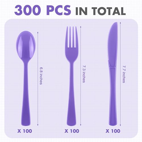 Kochorie 300 Pieces Purple Plastic Silverware, Disposable Plastic Utensils, Heavy Duty Cutlery Set Heavyweight Flatware Includes Spoons Forks Knives for Birthday Party Prom Night Wedding Dinner - color: Purple