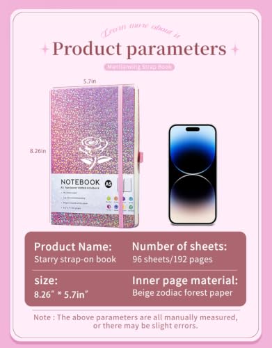HJWKJUS Bling A5 Lined Journal Notebook with Pen for Girls Women, Pink - color: Pink-Flower