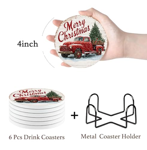 Nikyi 6 Pcs Vintage Red Truck and Christmas Tree Ceramic Absorbent Coasters, Round Drink Coaster with Metal Holder and Cork Base, for Coffee Table Kitchen Bedroom Living Office Desk Home Decor or Gift - color: Vintage Red Truck and Christmas Tree