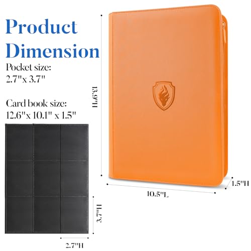 Premium Zip Card Binder, Fabmaker 9 Pocket Trading Card Binder PU Cover - color: Orange, size: 9 Pocket - 13.9" x 10.5"