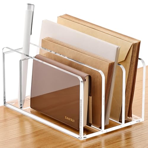 SANRUI Acrylic Mail Sorter Desk Organizer with Pen Holder, 3 Compartments - size: 3 Compartments with Pen Holder