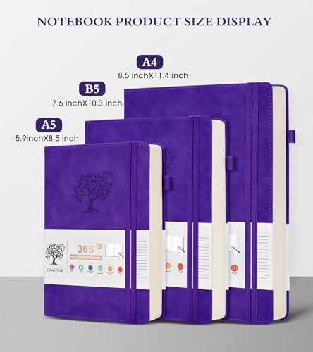 PERCUN A4 Lined Journal Notebook，365 Page Large Leather Journals for Writing Women Men，Hardcover Notebook with 100Gsm Thick Pages for Travel，Work，School，College Ruled, Daily Diary (8.5" x 11.4") - color: Purple, size: A4