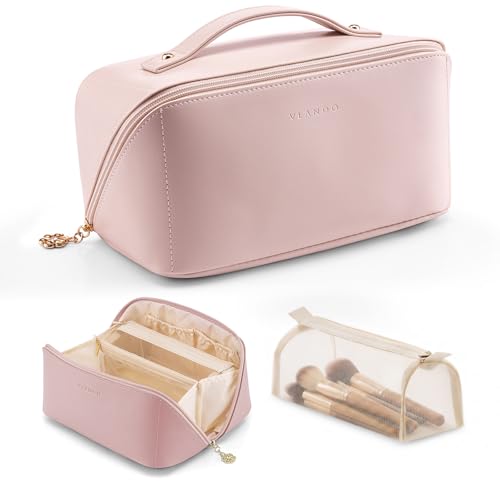 VLANDO Makeup Bag for Women with Open Flat Layout,Zipped TPU Pocket,Pink - color: 04.Pink
