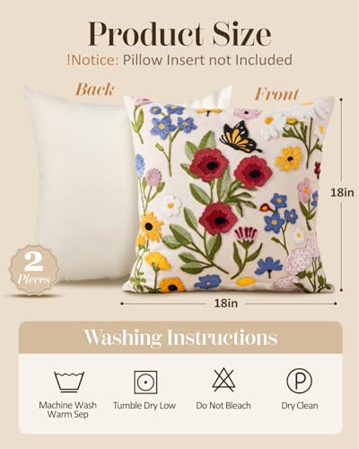 Embroidered Throw Pillow Covers 18x18 Inch, 2Pack, Retro Flower - color: Retro Flower, size: 18" x 18" (Pack of 2)