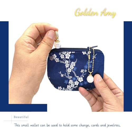 Handmade Women Coin Purse Brocade Rosary Bag Silk Jewelry Pouch Zipper Wallet - Navy - color: Navy