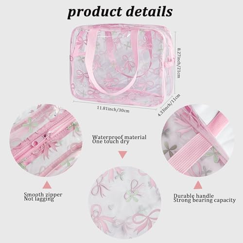 Flower Makeup Bag - Clear Printable Vinyl Cosmetic Pouch,11.81x4.3x8.26inches Waterproof Small Clear Gift Bags for Travel & Organizer (Pink Bow) - color: Pink Bow