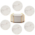 4inch Round White Marble Coaster with Gold Storage Rack 6pcs - color: White Coasters